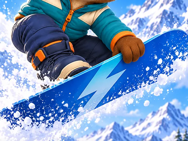 Close-up of Pip the beaver grabbing a blue lightning snowboard in a burst of powder snow