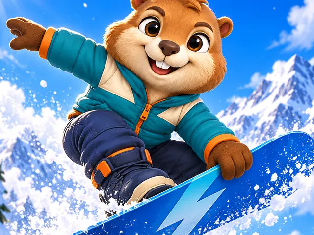 Pip the beaver jumps on a blue snowboard above snowy mountains