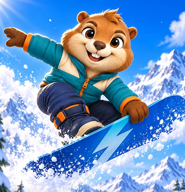 Pip the beaver snowboarding through fresh powder