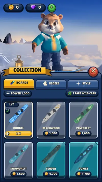 Collection screen showing snowboards to unlock and upgrade