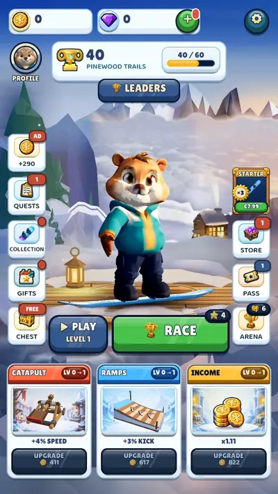 Home screen with Pip the beaver, the race button and upgrade cards